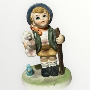 Vintage Boy Shepherd Hiker White Dog Blue Bird Figurine Collectible